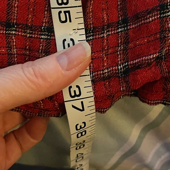 LOFT Ann Taylor Shimmer Red Plaid Tiered mini Dress size large gold buttons tie - Picture 15 of 16